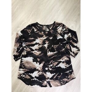 Mossimo XL Black Tan White Abstract Brushstroke 3/4 Sleeve Tunic Top